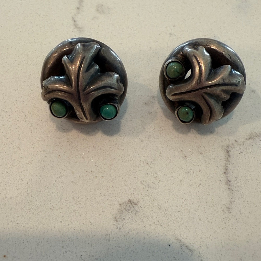 Pair of Vintage Mexican Sterling Silver and Turquoise screw-back button earrings